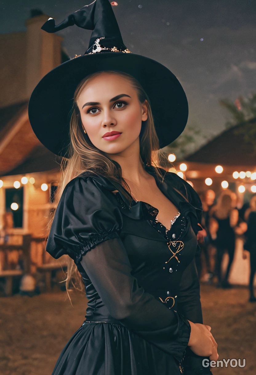 as a witch, at a costume party, twinkling lights around, blurry background