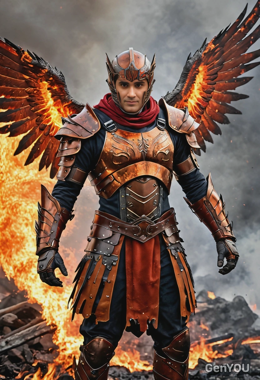 as a warrior, in flame-colored armor with fiery wings, stand fiercely on a battlefield surrounded by embers and ashes