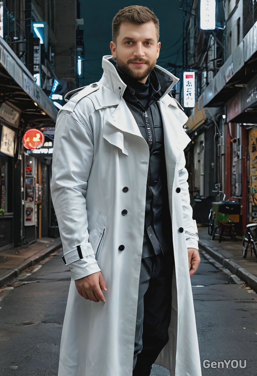 in a long  futuristic trench coat, standing in a dark cyberpunk street