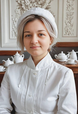 in white fashionable outfit, tea, blurred background, symmetrical details, shotoshoot for fashion magazine