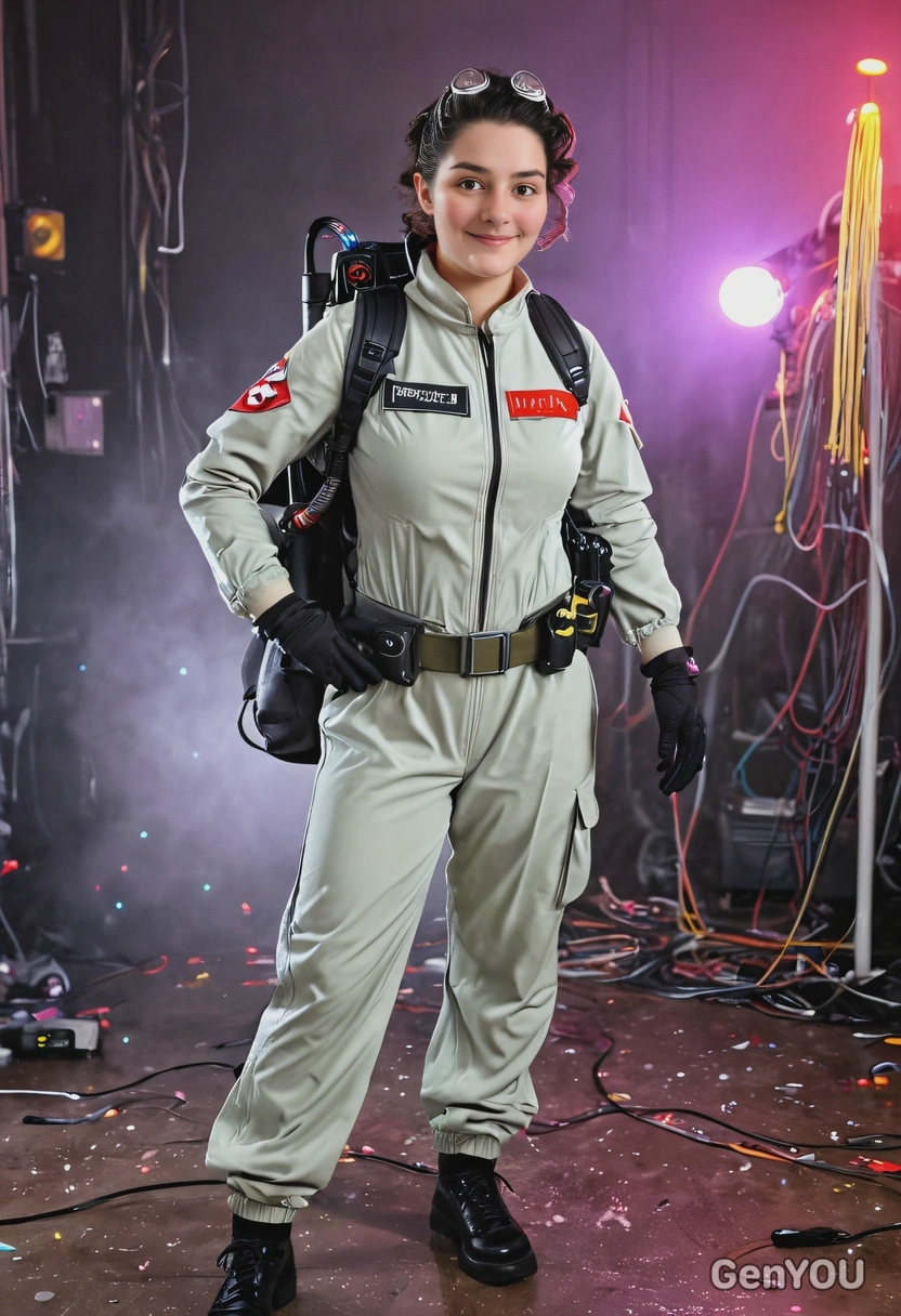 in Ghost Busters suit, full body image, crowdy party background, disco lights
