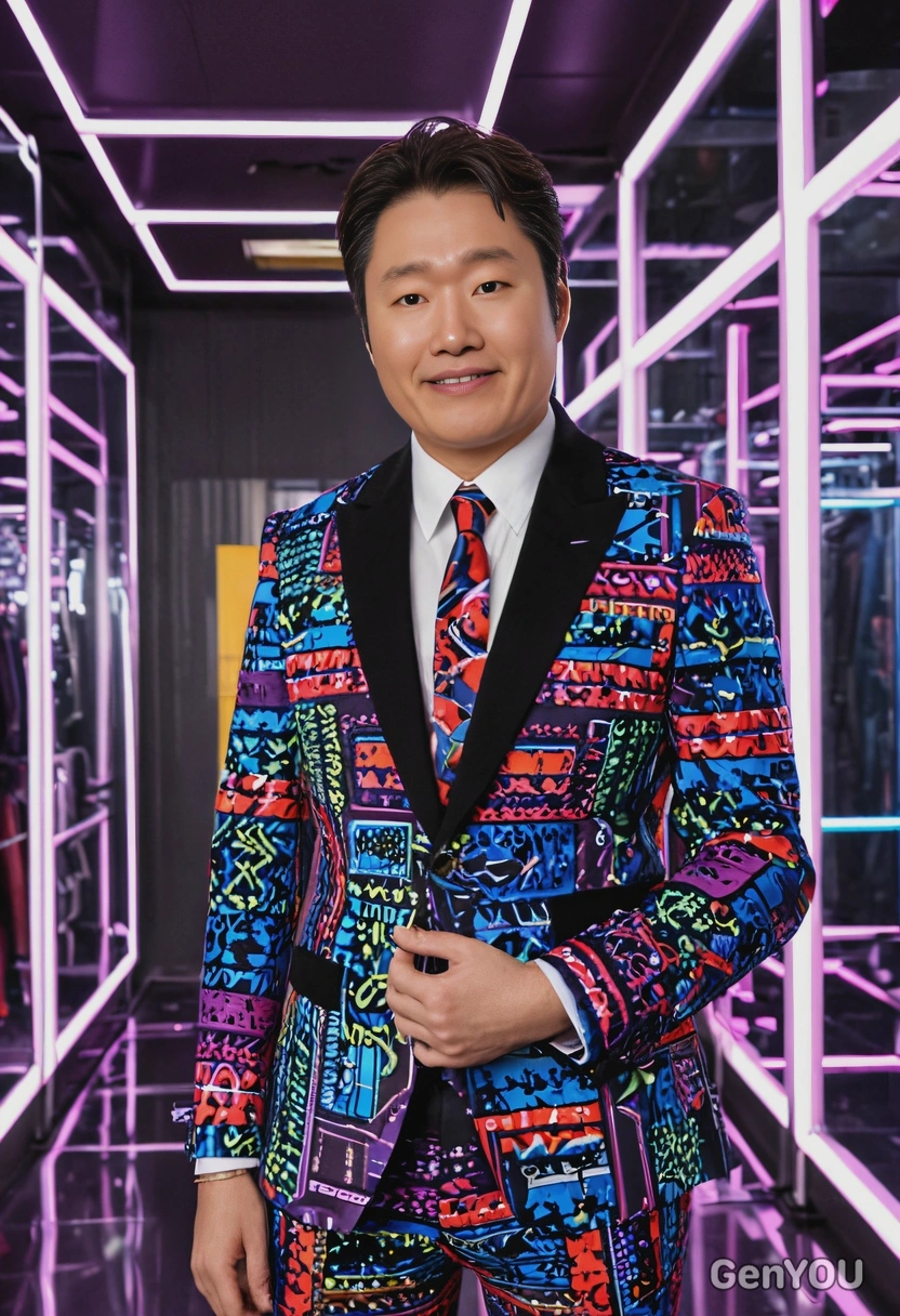 as V from BTS, wearing a bold patterned suit with colorful accessories, standing in a futuristic room filled with LED lights and glass