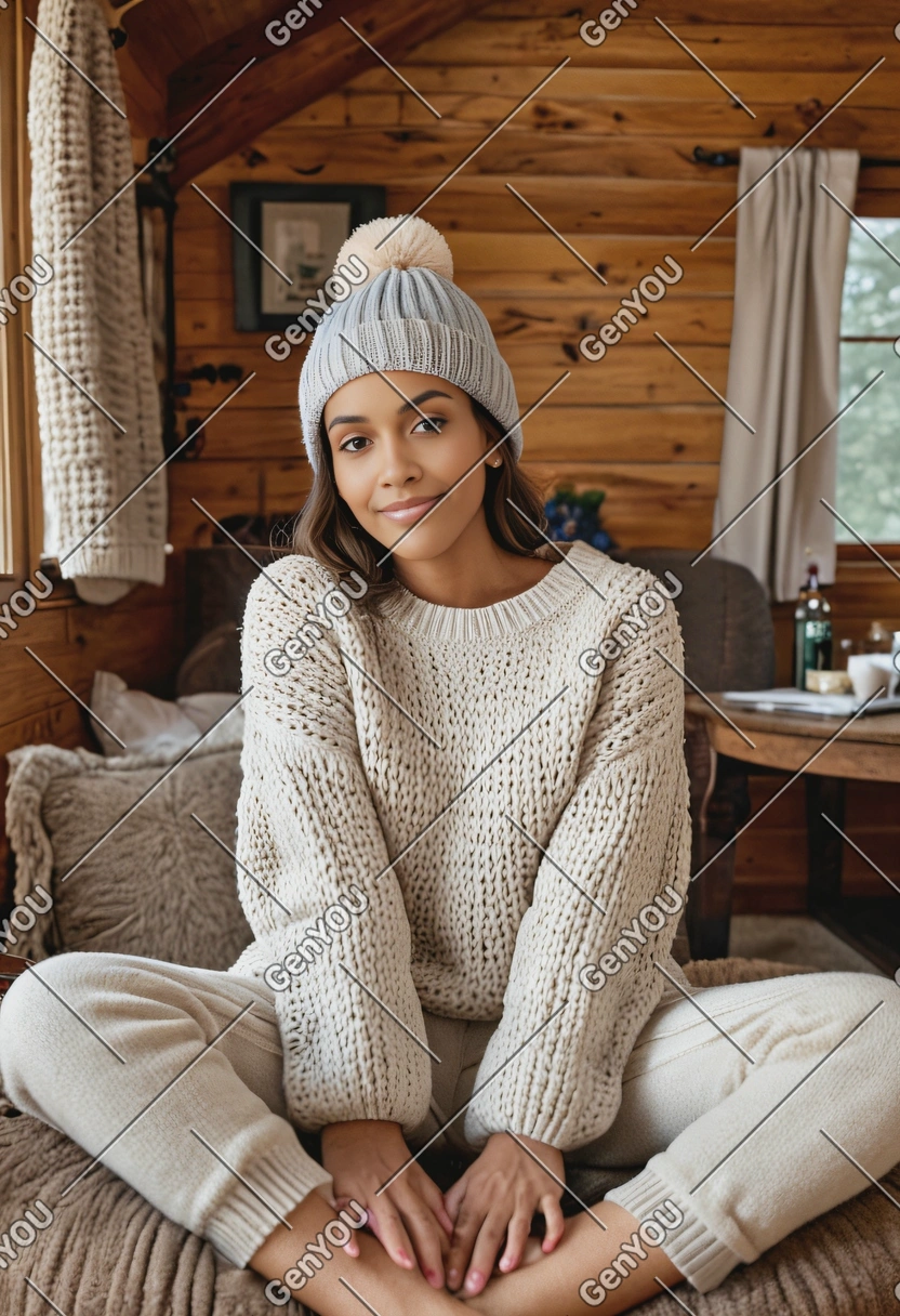 in a sweater and beanie, relaxing in a cozy cabin 