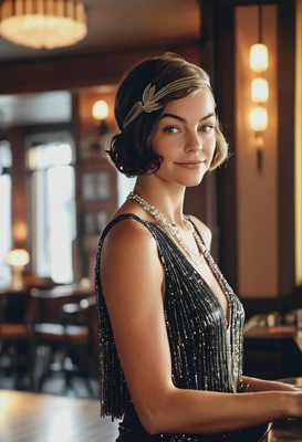 flapper, blurry arc deco-styled cocktail bar on the background, soft indoor lights, long shadows