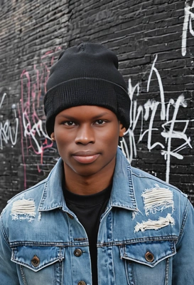 close-up, in a distressed denim jacket and a plain black beanie, against a backdrop of urban graffiti