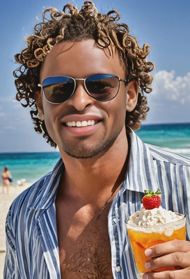beach, drinking cocktails, looking happy, curly hair, sunglasses