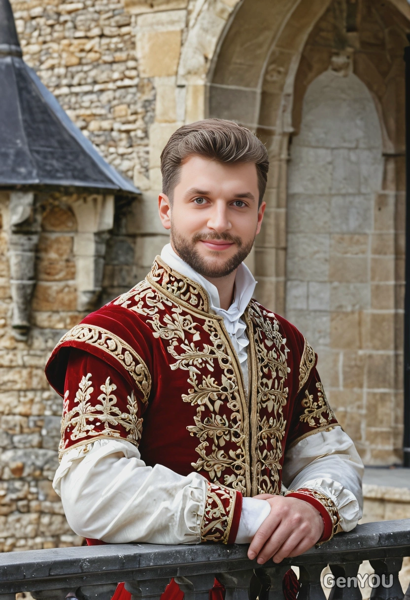 a young royal prince in a velvet doublet, standing on the balcony of a castle with his hand resting on the stone balustrade, half body portrait 