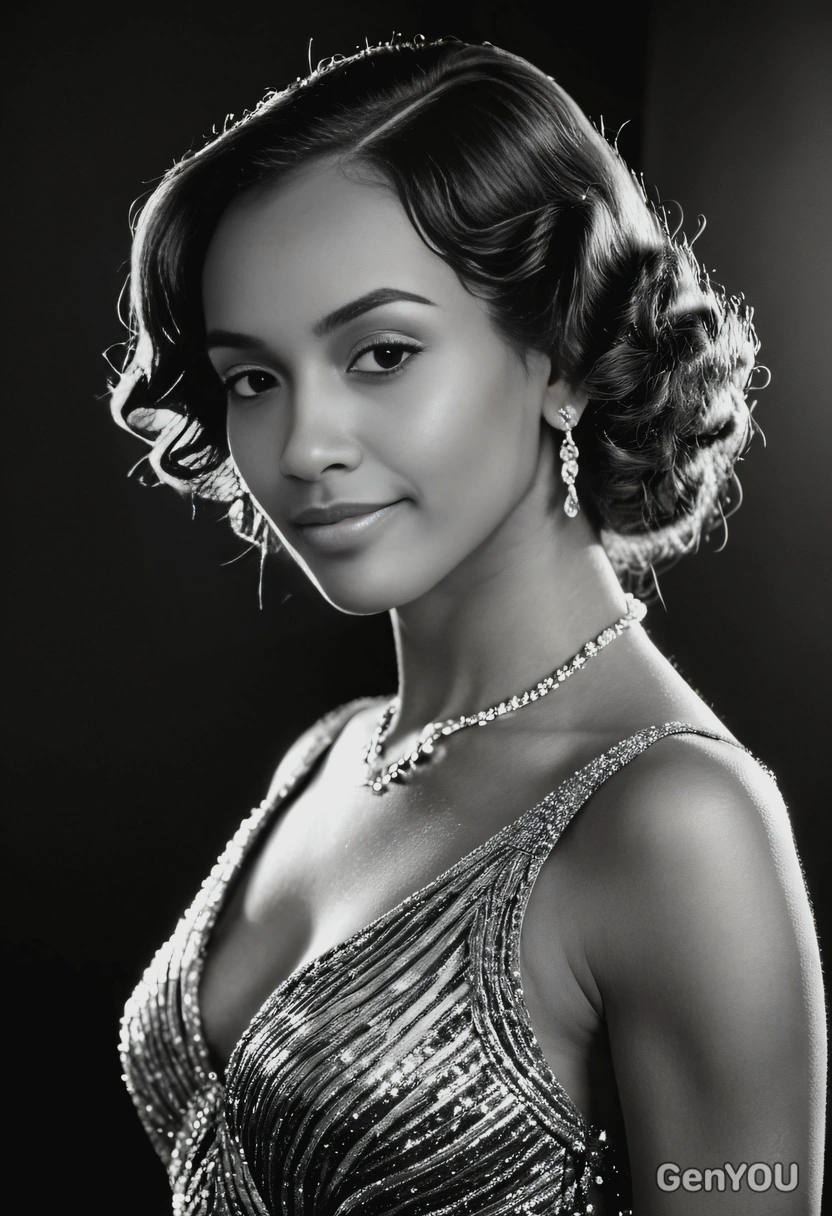 black and white shot, as an elegant actress in a shimmering 1930s gown, her hair in soft waves, captured in a glamorous close-up with dramatic side lighting that accentuates her refined features 