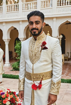as an Indian groom in a white suit with gold accents, standing at the altar in an elegant Mediterranean courtyard wedding