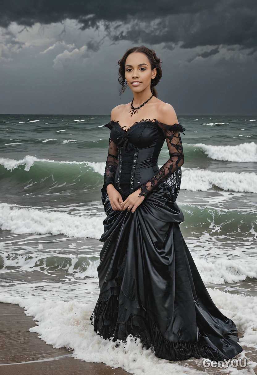 dressed as a gothic bride in black dress, standing by a stormy sea with dark waves crashing behind