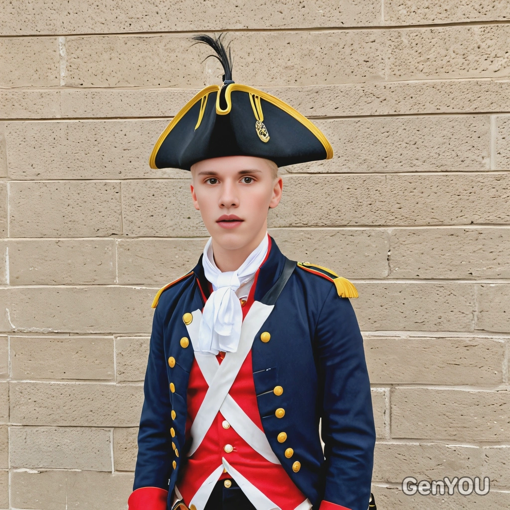 as a Revolutionary War soldier, wearing a tricorn hat and colonial military uniform