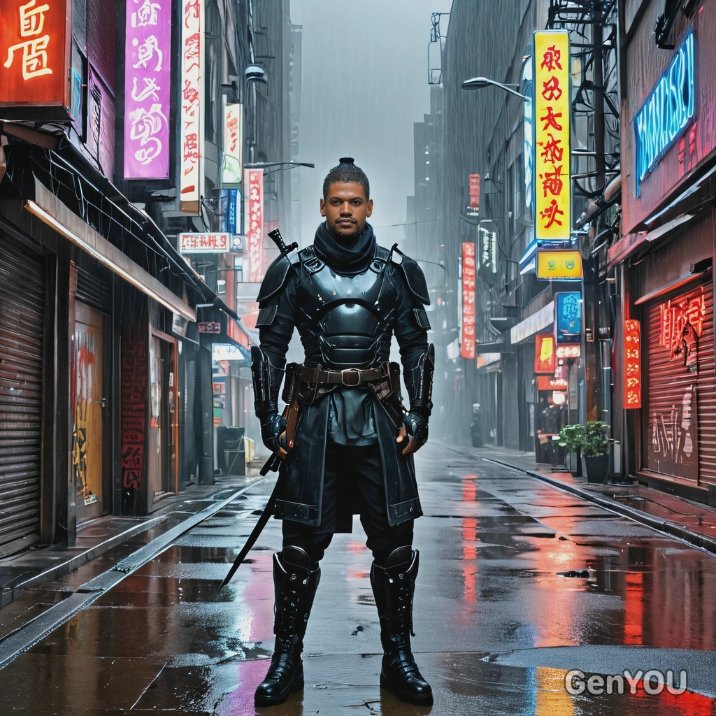 A street samurai in futuristic armor, standing under neon signs in a rain-soaked alley