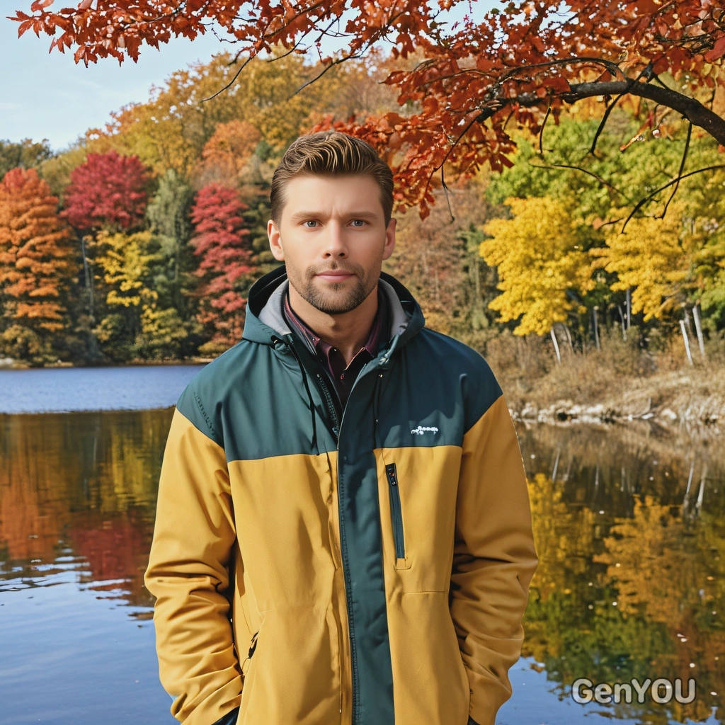 standing by a lake, colorful fall trees on the background