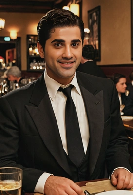 as Michael Corleone in The Godfather, with slicked-back dark hair and a formal suit, in a dimly lit Italian restaurant 