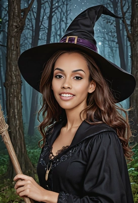 @me dressed as a witch with bushy brown hair, animation drawing style, night forest 