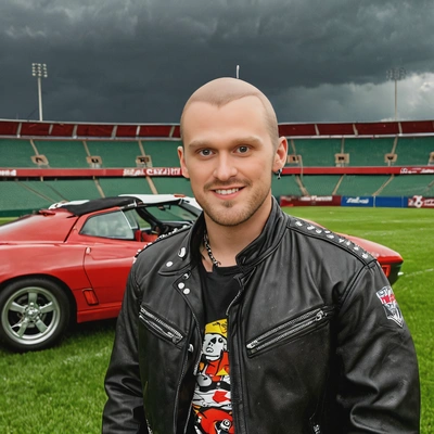 as a mad racer, punk rock black leather jacket with metal studs, smiling, tattoos on face, bald head, standing in front of a red Chevrolet Corvette 1993, a green football stadium field, looking straight at camera, dark stormy sky, vivid colors, high-quality cinematographic style