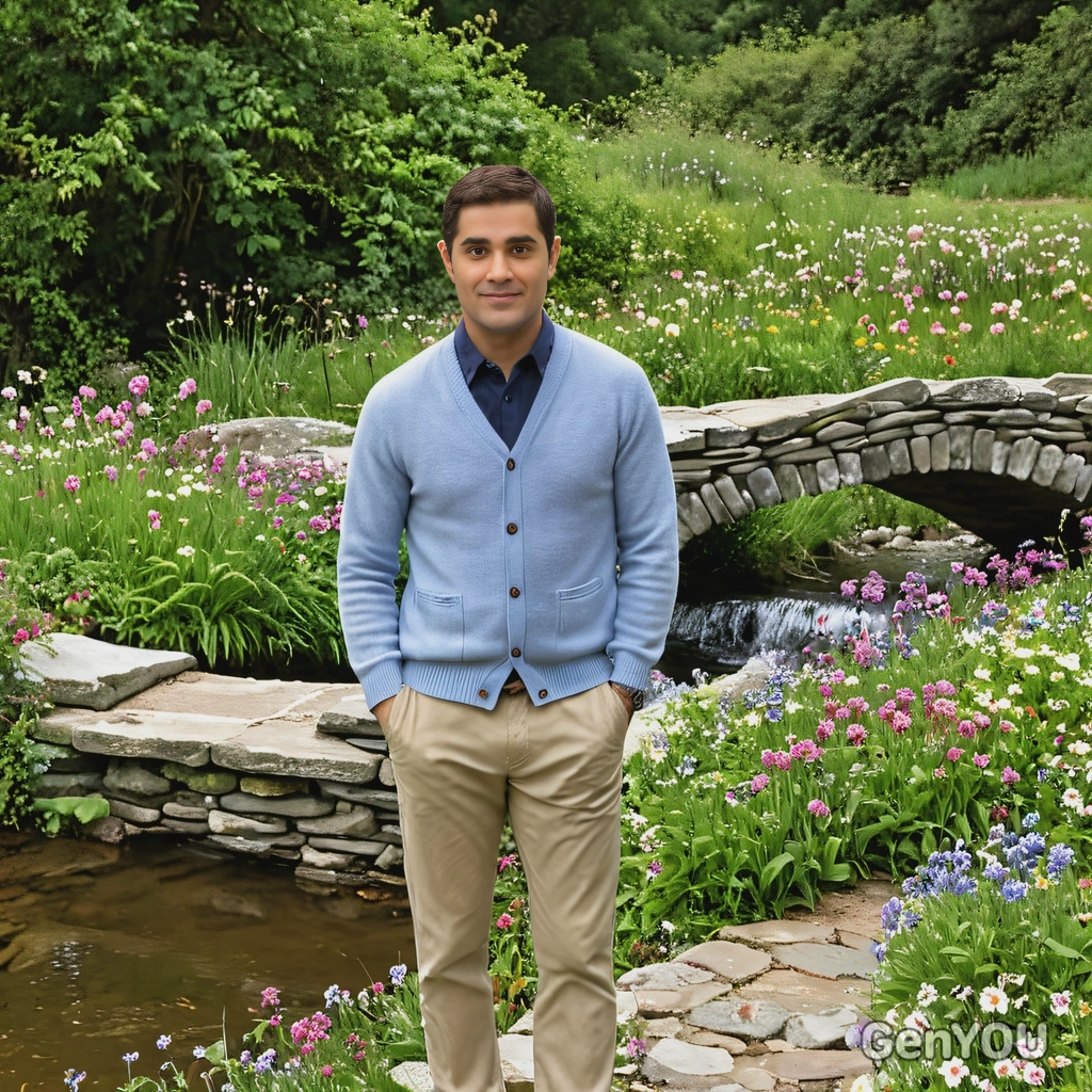 wearing a light cardigan and chinos, standing by a quaint stone bridge over a stream, with wildflowers blooming all around