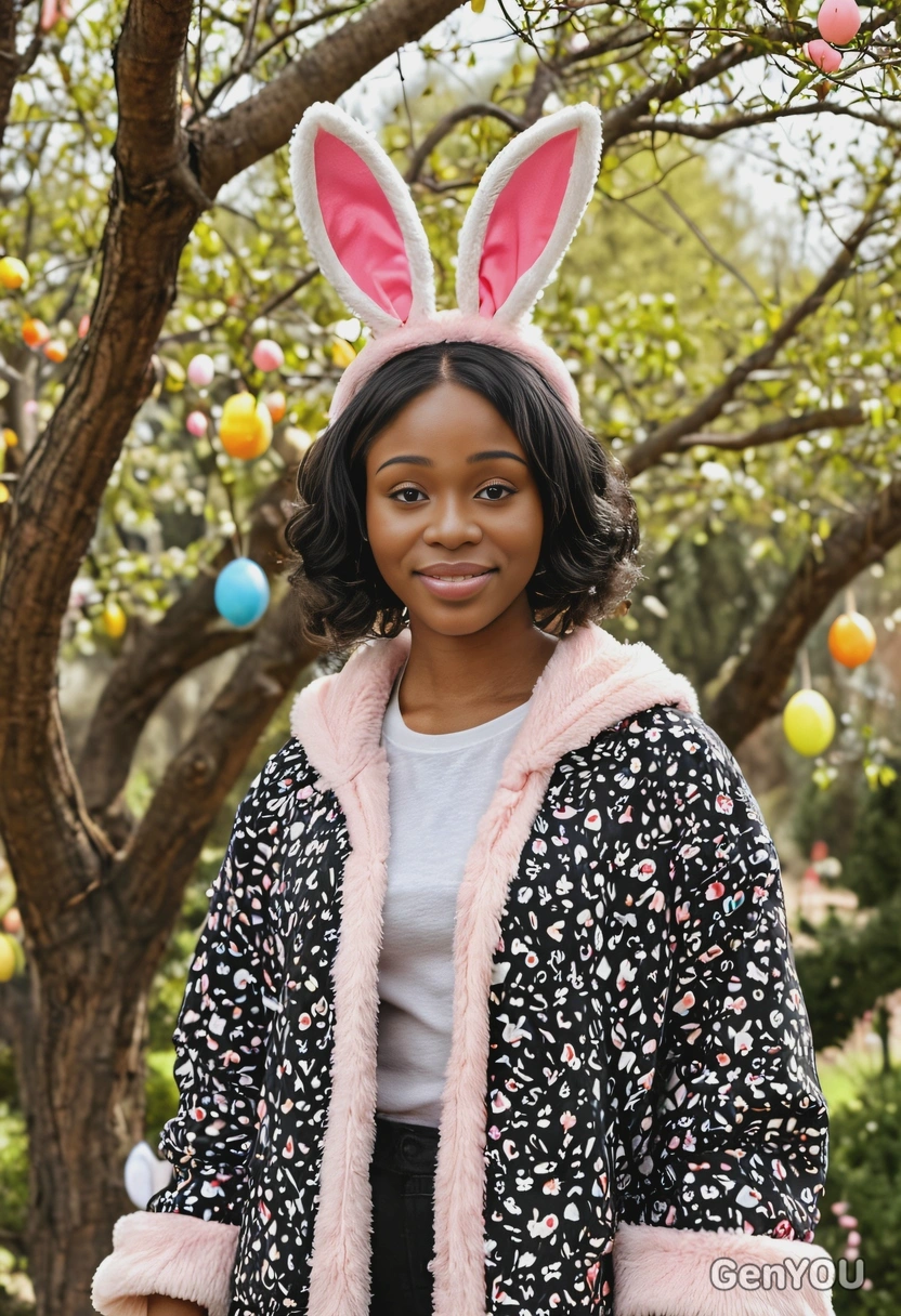 in a trendy, bright oversized outfit wearing bunny ears, standing by a decorated Easter tree, outside. realistic skin texture, natural lighting, blurred background