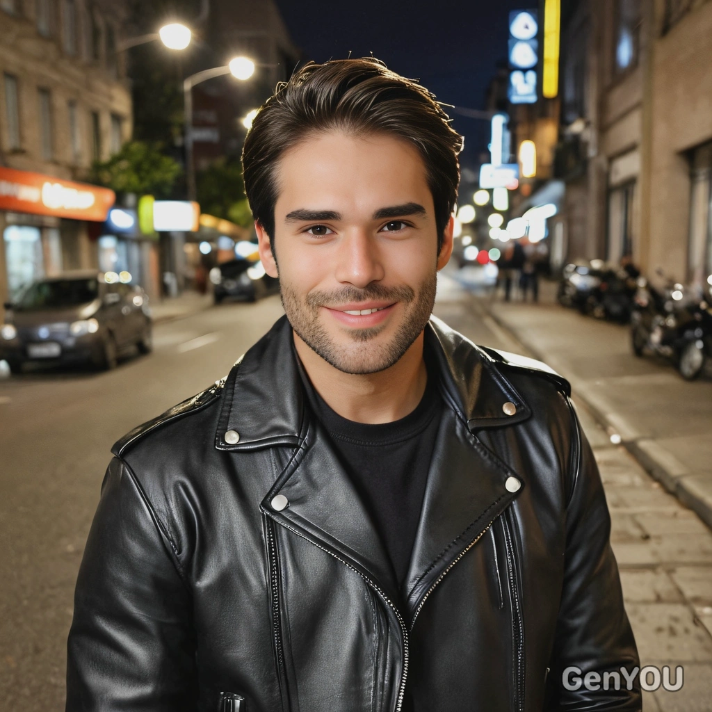 mid-shot, smiling, with slicked back hair,  in a leather moto jacket, on a busy urban street at night, blurred background, soft focus