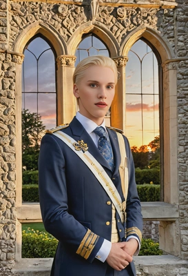 a prince in a finely tailored suit, wearing a sash of honor, standing by a large castle window with the sun setting over the royal gardens