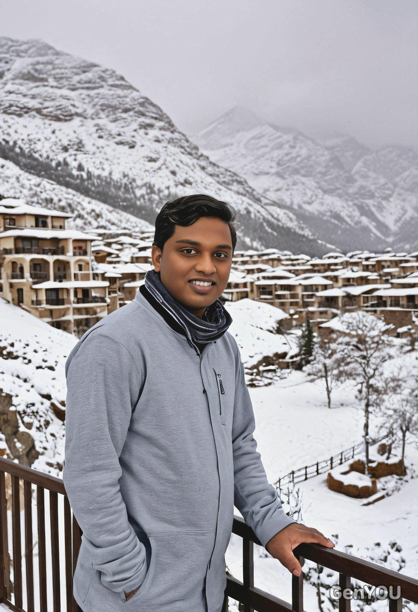 Standing on a balcony overlooking a snowy mountain resort