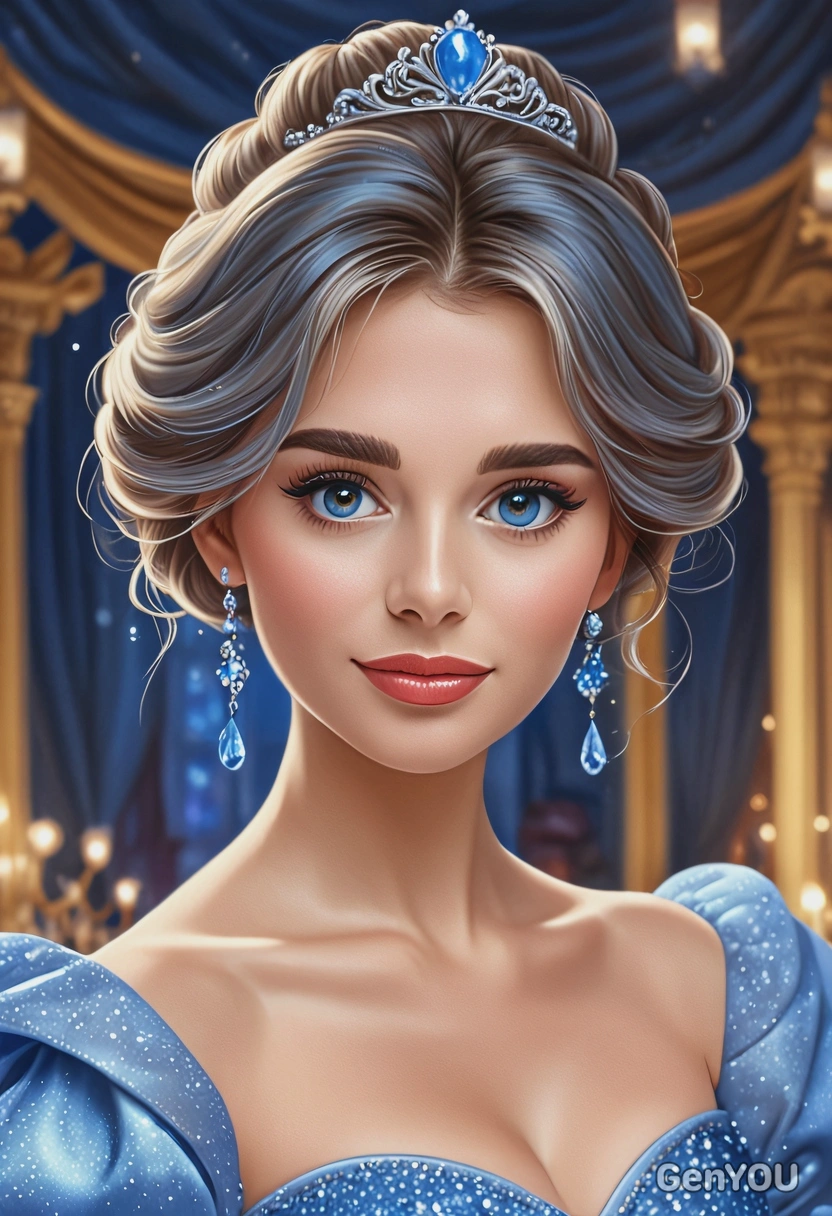 Hand-drawn 2d flat cartoon style, Cinderella, oversized cartoon eyes, close-up portrait, wearing a shimmering blue ball gown with puffed sleeves, serene expression, sparkling ballroom background