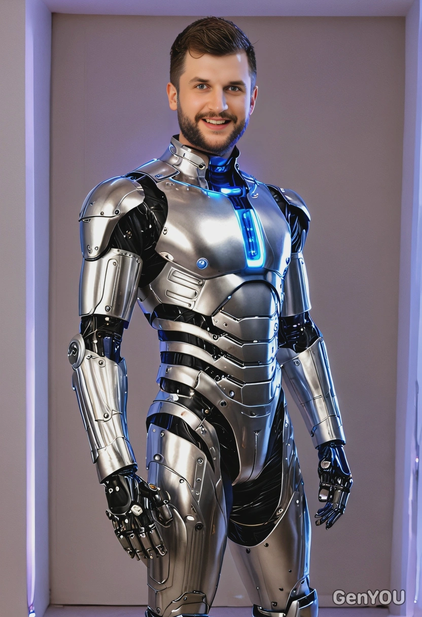 in a robot costume, wearing a metallic suit with lights and wires at a costume party, full body image, costume party setting, lights everywhere