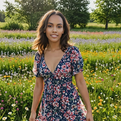 in a flowy floral dress, standing in the middle of a blooming meadow, with wildflowers and vibrant greenery all around, soft sunlight streaming through the trees, half body portrait