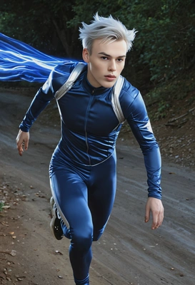 Quicksilver, running at super-speed, leaving a trail of blue light