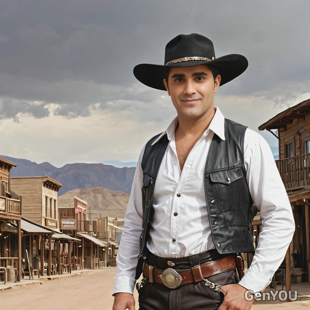 as a cowboy from the Old West, wearing a wide-brimmed hat and leather chaps, standing through a dusty frontier town in the background
