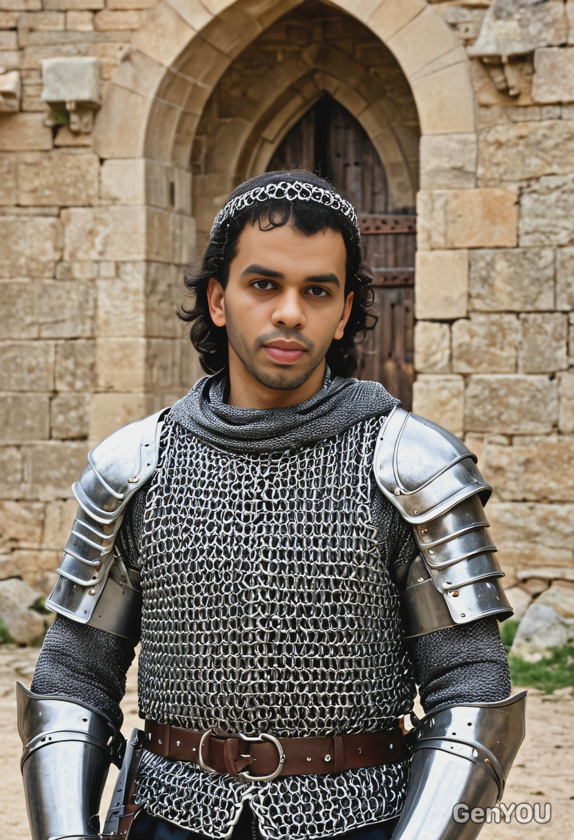 as a medieval knight in chainmail armor, standing at the gates of a stone castle with a battle-worn expression