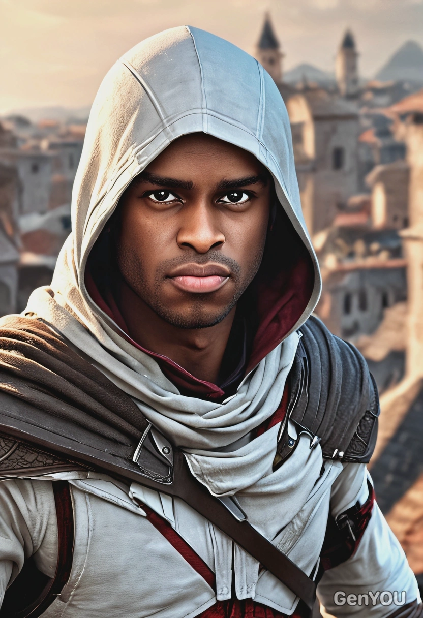 as an assasin from Assasin's Creed, on the roof, close-up, high-quality stylized art, visible brushstrokes, eyes on you, cartoonish style