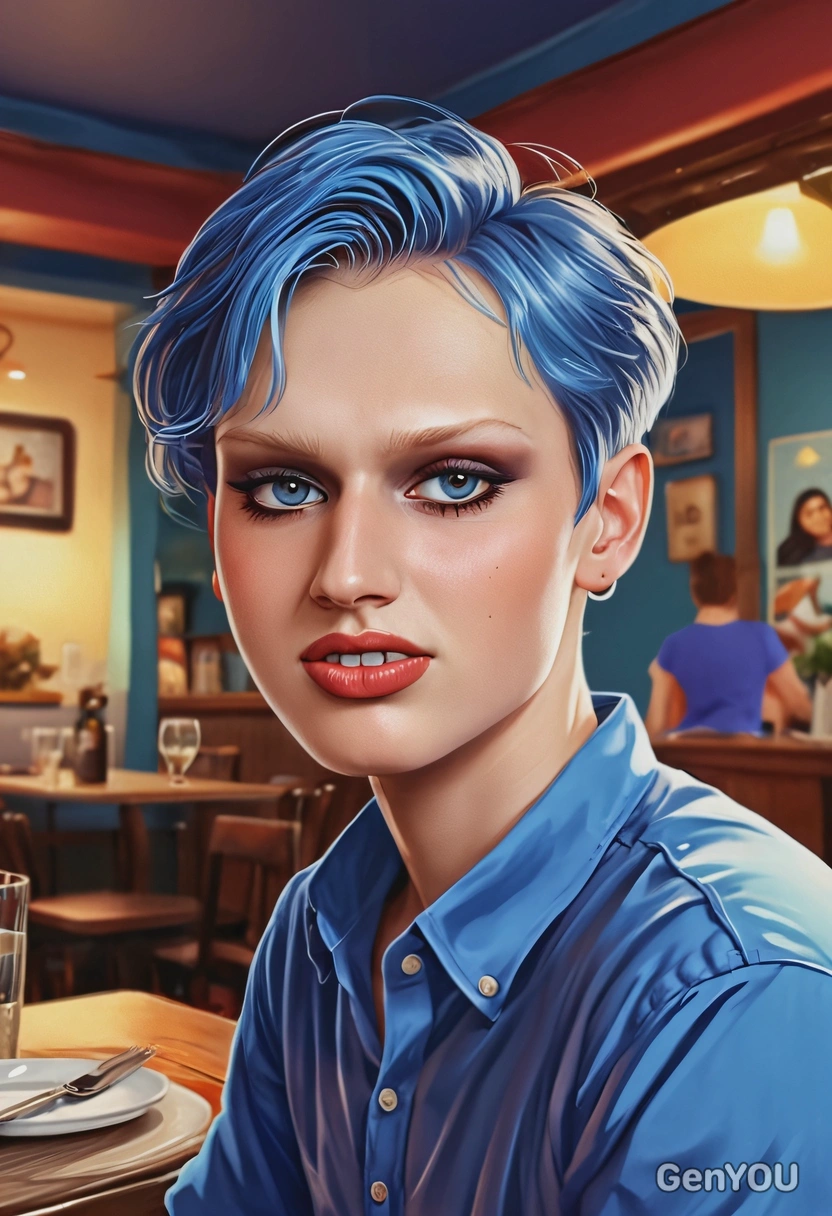as an attractive non-binary person, vintage restaurant, eyes on you, evening, vivid colors, widt smile, blue shirt, high-quality stylized art, big eyes, cartoonish, visible brushstrokes