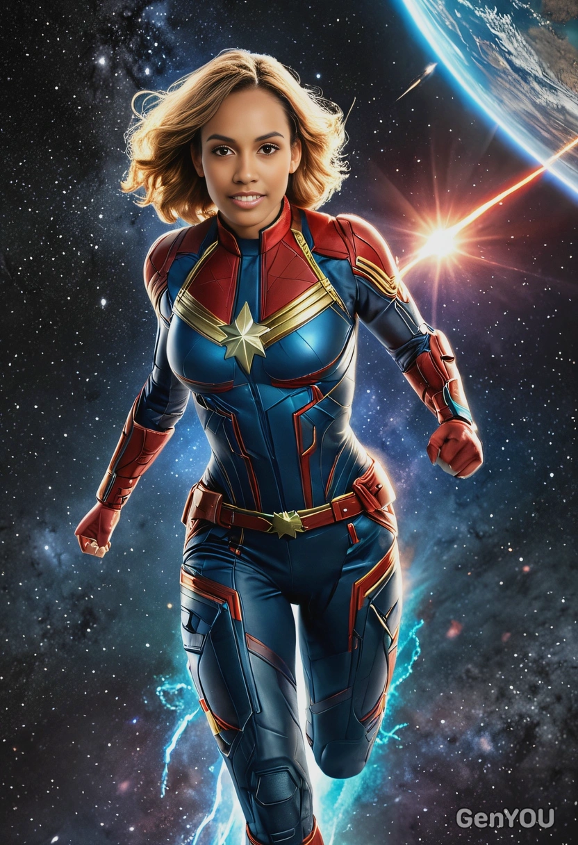 Captain Marvel flying through space, glowing with cosmic energy