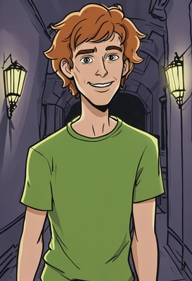 Hand-drawn flat cartoon style, Shaggy from Scooby-Doo, loose playful outlines, spooky flashlight lighting, waist-up portrait, haunted mansion hallway