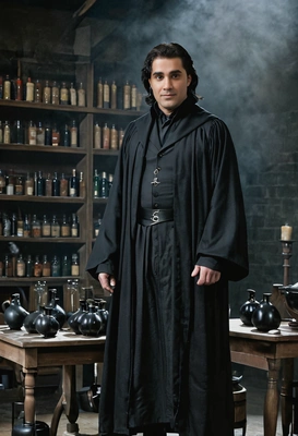 as Severus Snape, wearing his long black robes with a stern expression, standing in a dark, shadowy potion classroom with vials and cauldrons around, full body view