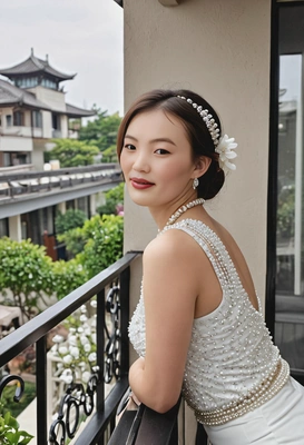 wearing pearls and diamonds while gazing out over a private terrace