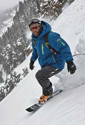 as a man, snowboarding down a powdery mountain slope, wearing a winter jacket, with snow flying up around him