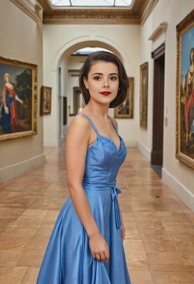 in a gown, walking through a private museum with priceless art on the walls, blurred background, soft focus, looking at viewer,  smiling