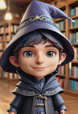 3D chibi cartoon style, wizard with oversized hat, oversized cartoon big sparkling eyes, close-up portrait, magical library background