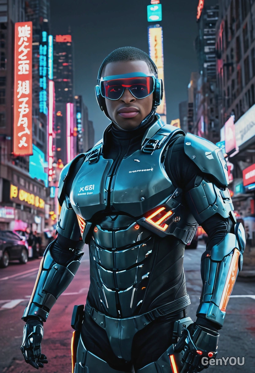 as a futuristic cop in a sleek robotic suit, futuristic flying police car on background, blurry neon-lit cyberpunk city