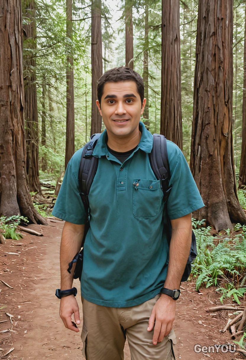 As a tourist walking around at  Redwood National and State Parks, look at the camera 