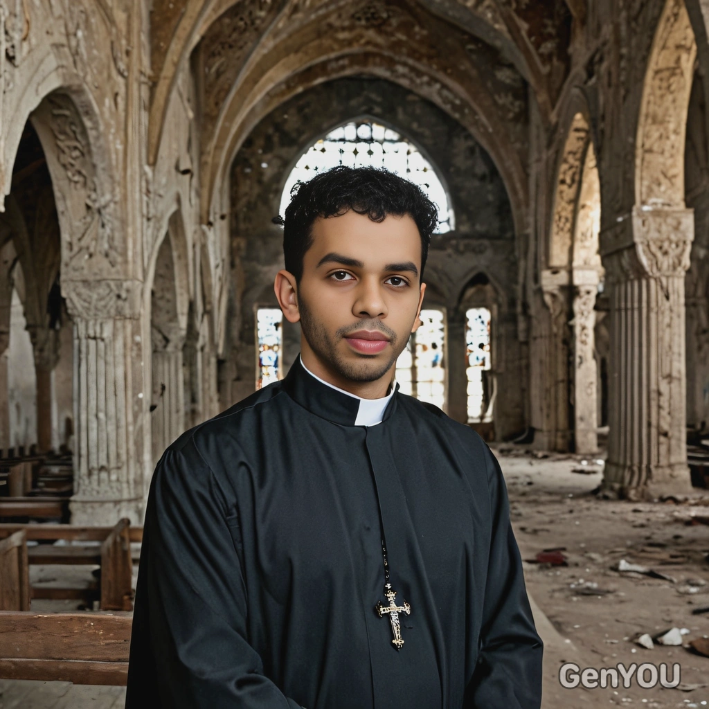 a priest, in an abandoned dark church