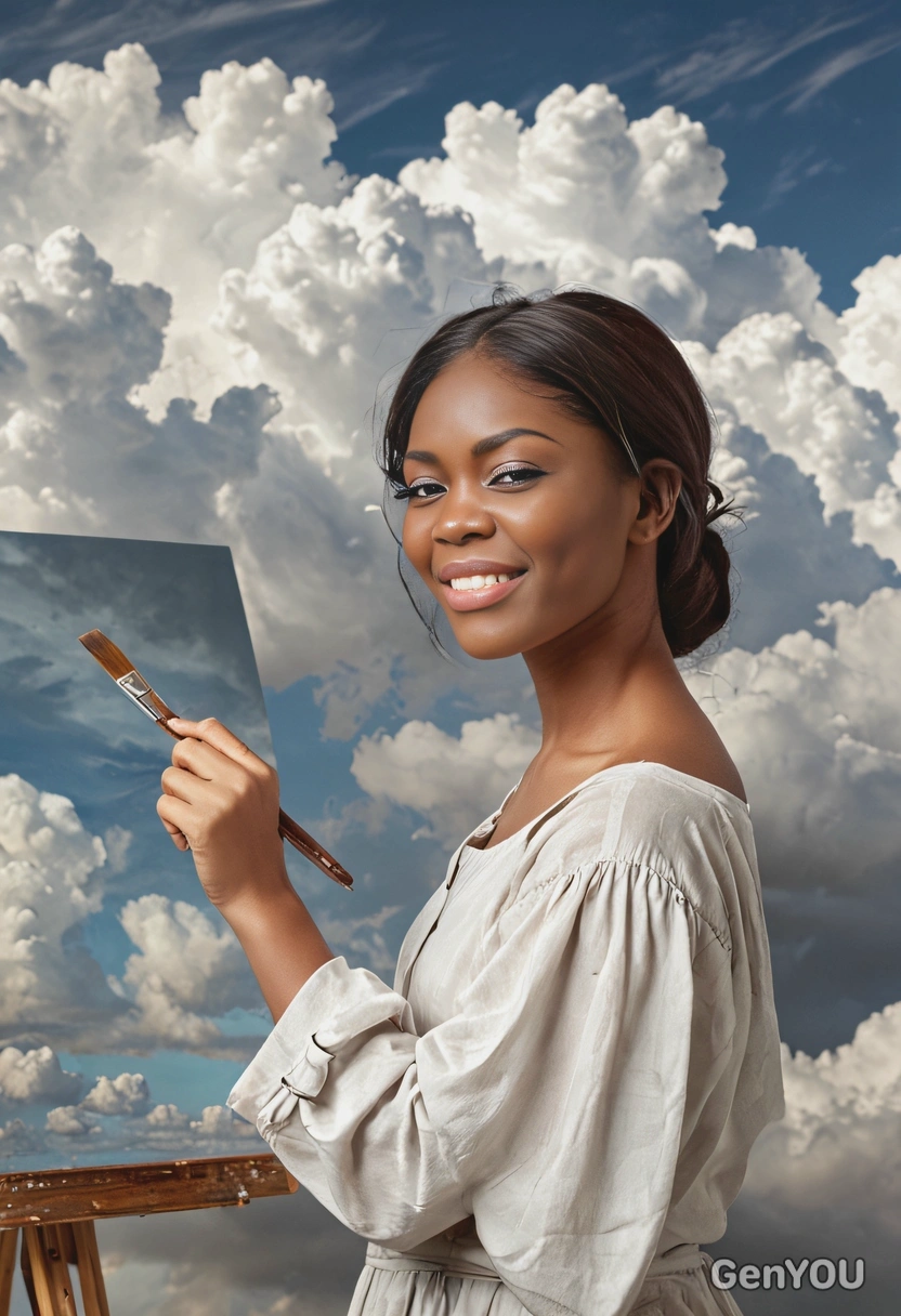 holding a paintbrush, standing in clouds near a canvas, blurred background, cinematographic style