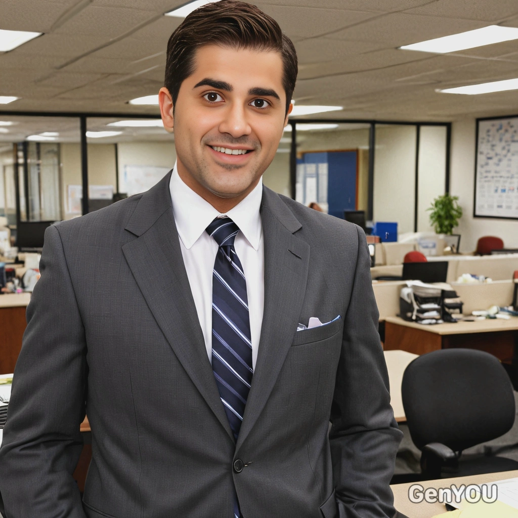 as Michael Scott (from The Office), in a suit and tie, in a mundane office setting 