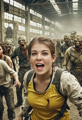 fighting surrounded by zombies, abandoned factory, yellowish colors, high-quality cinematographic style, blurred background, open mouth, screaming