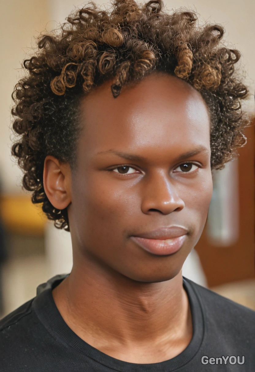 curly afro with golden brown highlights and a tapered neckline, soft focus, blurred background