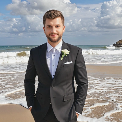 as a groom in a tailored black suit, standing on a sandy beach with waves in the background, sunny weather