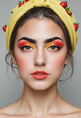 wearing artsy makeup inspired by strawberry, light-yellow and red colors, professional magazine photoshoot, symmetrical details