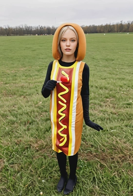 wearing a hot dog costume, standing in a completely empty field